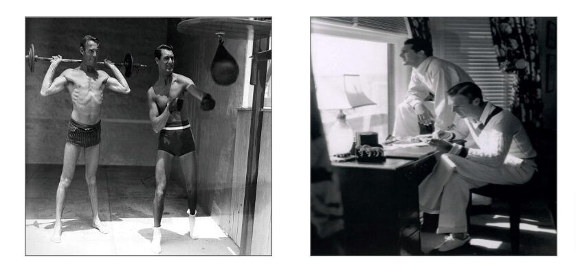 Two black-and-white photos of a man boxing and a woman working at a desk.