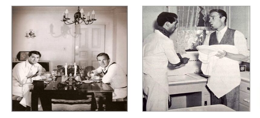 Two vintage black-and-white photos featuring people in domestic settings.