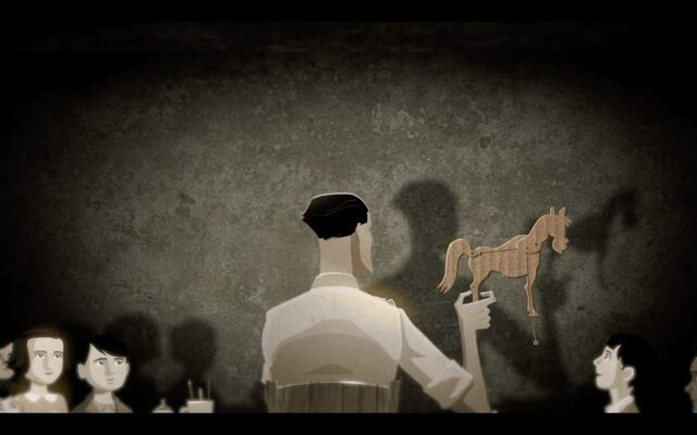 A man in a beret sculpts wooden horse figures in a dimly lit room.