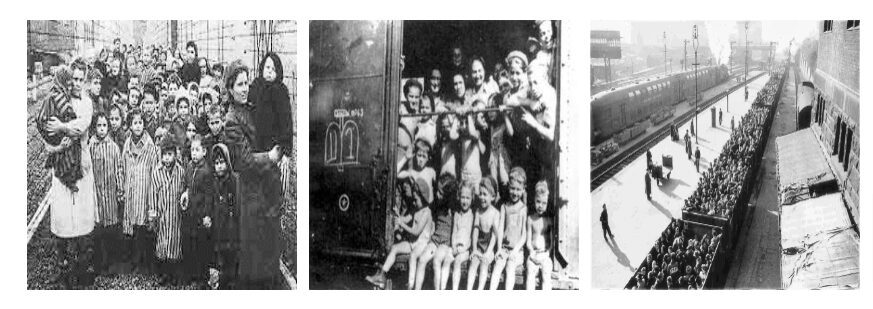 Vintage group photo of children and adults posing together outdoors.