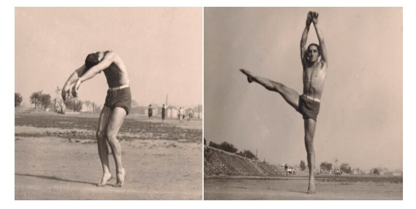 Black and white photos of a man lifting a woman in dance or gymnastics poses outdoors.
