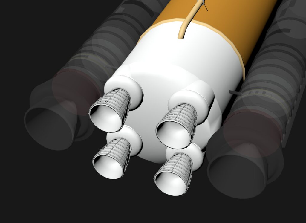 Close-up of rocket engines at the base of a launch vehicle.