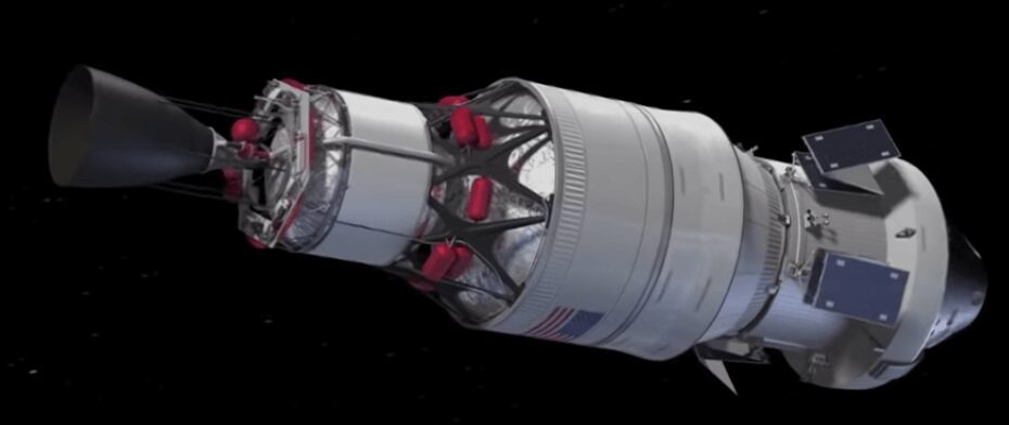 Spacecraft with exposed engine components floating in space.