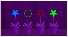 Colorful glowing flowers in purple pots under blacklight.