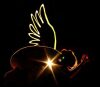 Silhouette of a person with wings and a bright starburst effect.