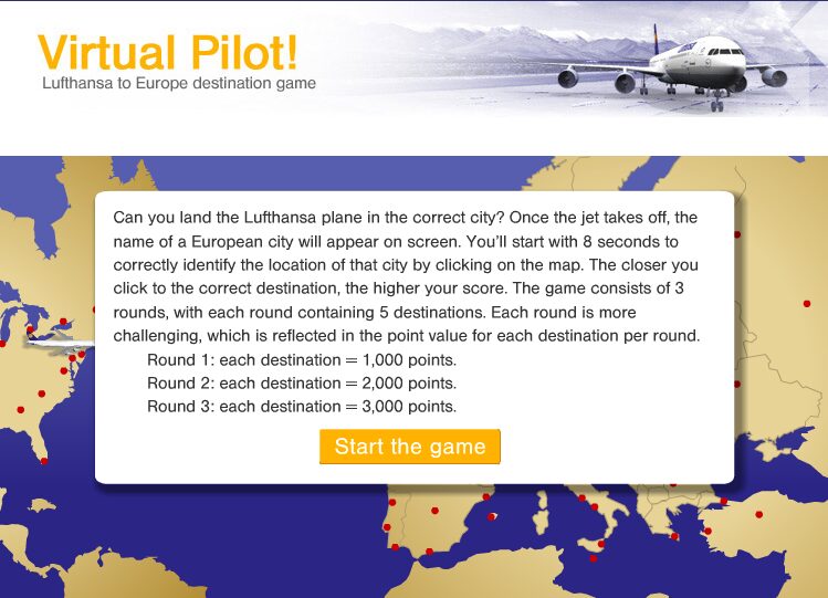 Screenshot of a virtual pilot game interface showing Lufthansa plane and game instructions.