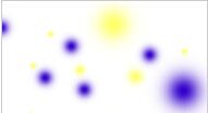 Abstract image with blurred yellow and blue glowing spots on a white background.