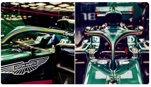 Close-up shots of a sleek Aston Martin Formula 1 car focusing on its front and branding.
