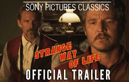 Two men in a mysterious, vintage setting for a movie trailer.