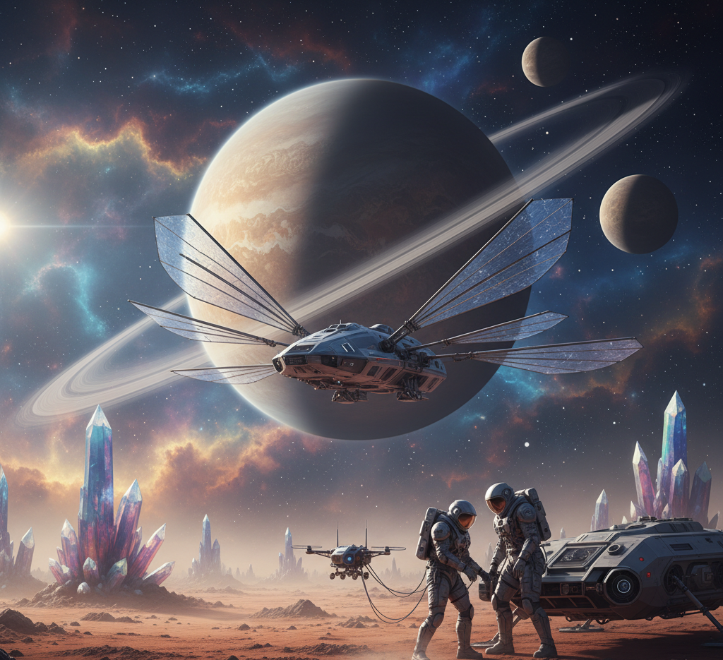 Futuristic spacecraft and astronauts on alien planet.